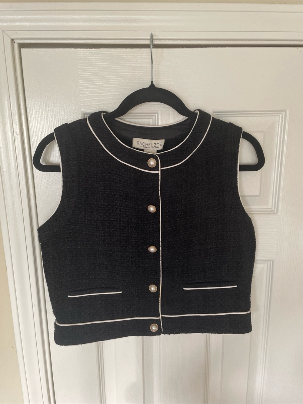 Rachel Zoe Black‎ Tweed Sleeveless Vest with White Trim